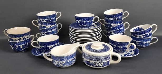Large Lot Blue Dishes Including Willow Ware China 15 saucers & 15 teacups