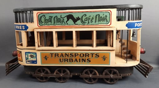 Vintage French Street Car Train Trolley Model Double Decker Wooden & Metal