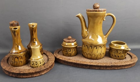 MCM Portugal Ceramic & Cork Serving Sets Teapot measures 9 inches tall. Creamer and sugar bowl 3