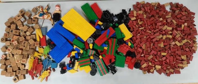 Large Lot Assorted Vintage Wooden & Plastic Toys Including Bill Ding Blocks