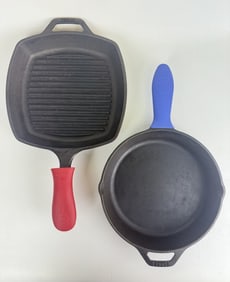Lodge Cast Iron Skillet and Grill Pan Each 10 x 2 inches not including handles. Excellent condition.
