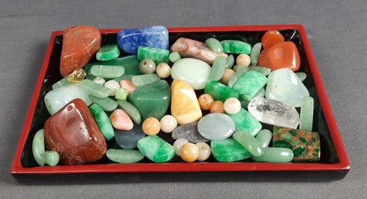 Mixed Tumbled Polished Gemstones & Lacquered Tray Please see images for details regarding the