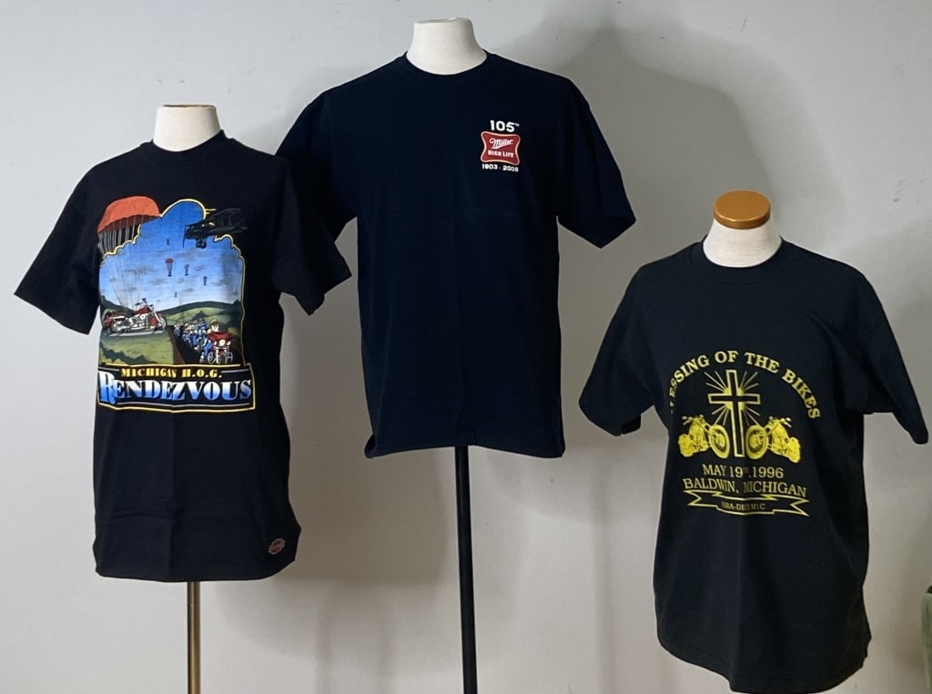 3 Motorcycle T Shirts Size Large Michigan HOG Rendezvous West Branch Michigan, Blessing of the Bikes: Michigan HOG Rendezvous West Branch Michigan, Blessing of the Bikes Baldwin Michigan, and Miller High Life Ride through the Milwaukee Brewery t shirts, all size large. Miller has Gildan label, Blessin