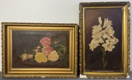 Antique Floral Oil Paintings Set of Two Two oil paintings of roses and lilies, unsigned, back of