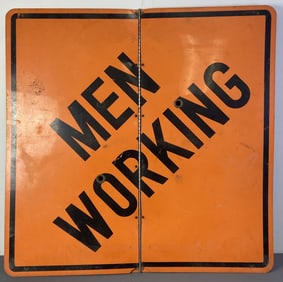 Men Working Road Sign Large square orange men working road sign with hinge in the center. Some