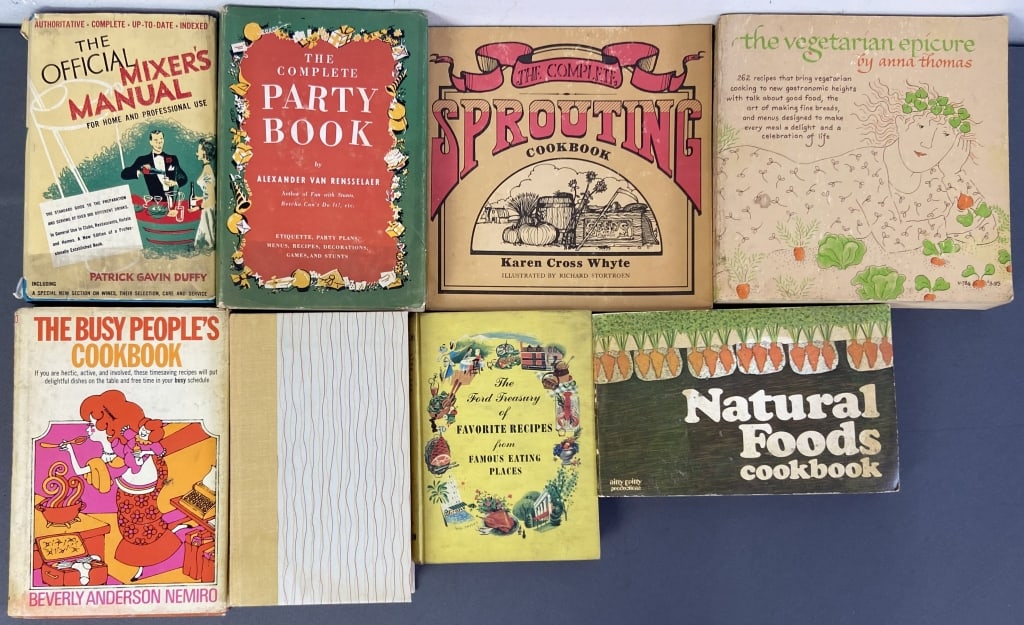 Vintage Cookbooks & Cocktail Books The Ford Treasury of Favorite Recipes from Famous Eating Places: The Ford Treasury of Favorite Recipes from Famous Eating Places published by Simon and Schuster, 1950. No dust jacket. Natural Foods Cookbook by Maxine Atwater, published by Nitty Gritty Productions, 
