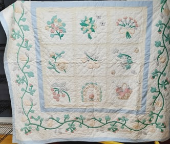 Vintage Handmade Spring Floral Quilt Measures 82x80 inches. Some small tears and stains. Overall