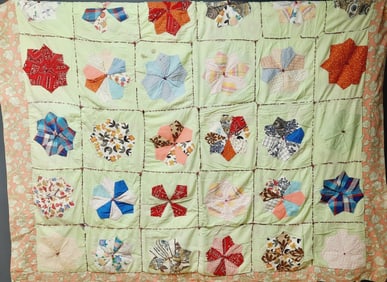 Vintage Handmade Green Floral Star Pattern Quilt Measures 70x70 inches. Small tears present, near