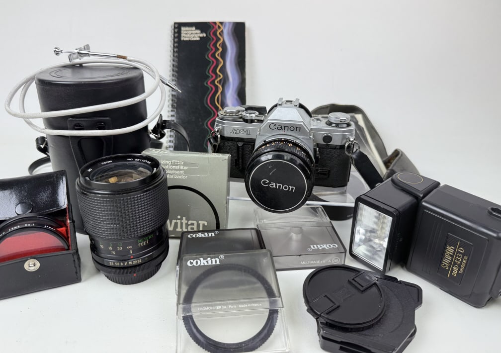 Canon AE-1 35mm Camera Lot Includes items in photos-lens, speedlite, filters etc. untested. 10 x 9 x (1 of 5)