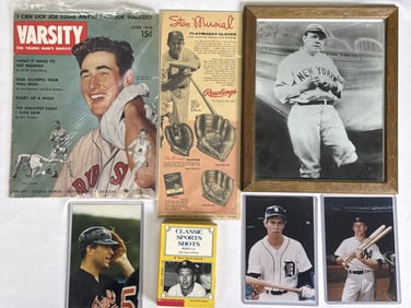 Vintage Baseball Mixed Lot Babe Ruth Ted Williams Magazine, framed 8 x 10, large cards, Rawlings