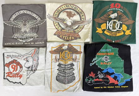 Harley Davidson Owners Group T-Shirt 90s Lot 6 shirts. Size Large. Please refer to photos for: 6 shirts. Size Large. Please refer to photos for measurements and condition details. 12 x 7 x 6 inches total lot size. Some staining on white and gray shirts.