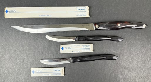 Cutco Carving Knife 1723 and 2 Steak Knives 1759 3 knives with original blade covers. Carving knife