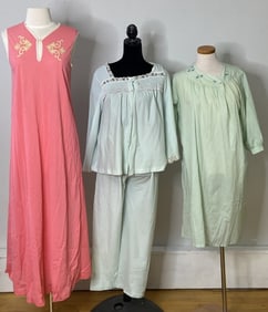 Vintage Nightgown and Pajamas Set of Three Vintage Deep Melon Pink Full Length Nylon Nightgown with