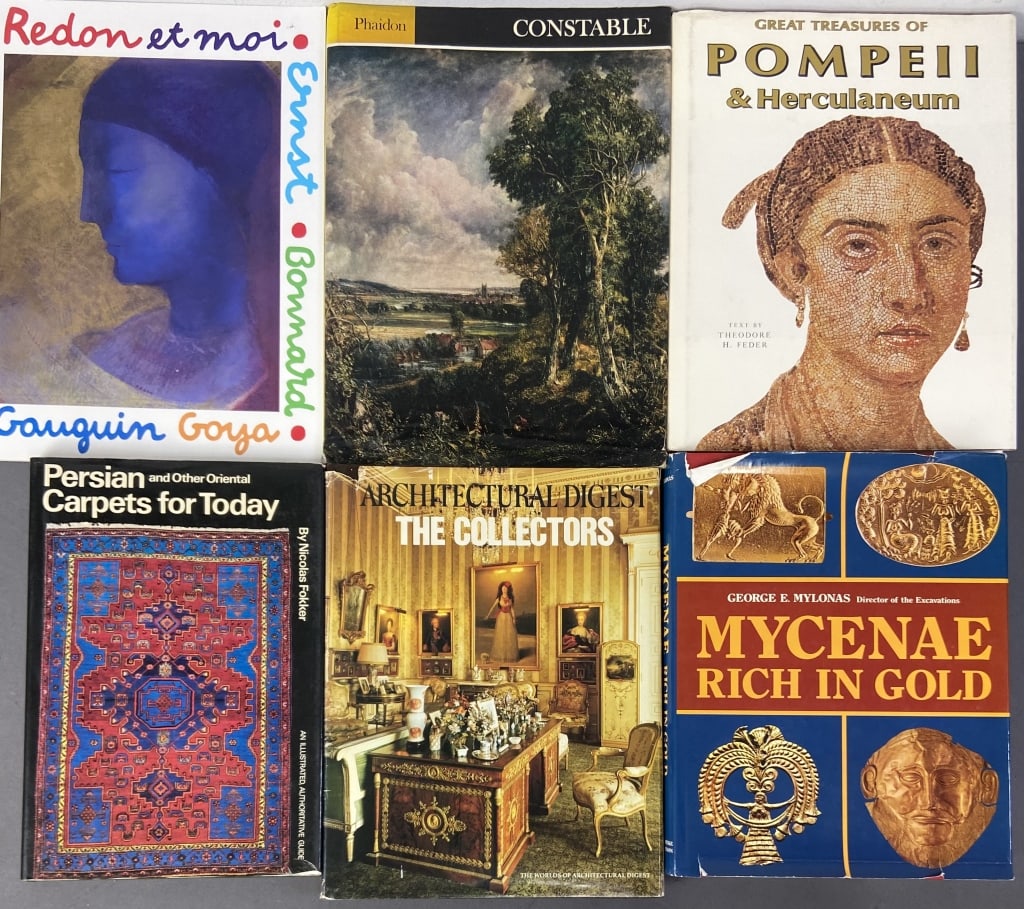 6 Vintage Art & History Books Mycenae Rich in Gold by George E Mylonas. Published by Ekdotike: Mycenae Rich in Gold by George E Mylonas. Published by Ekdotike Athenian SA, 1983. Some tears in dust jacket. Architectural Digest The Collectors, published by The Knapp Press, 1982. Some loose pages.