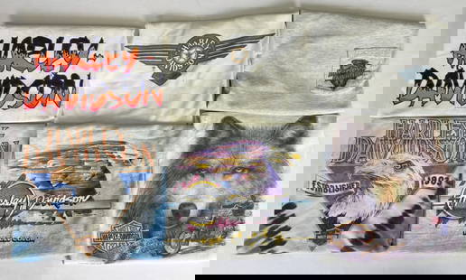 Vintage Harley Davidson Dealer T-Shirts Lot 10 6 Single Stitch shirts all size large. Refer to: 6 Single Stitch shirts all size large. Refer to pictures for actual measurements. Some sweat stains and other spots present. See photos for details. 12 x 7 x 6 inches total lot size.