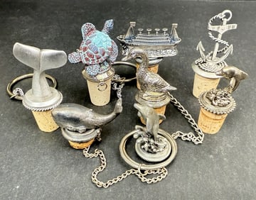Vintage Pewter and Cork Bottle Stoppers Nautical/Aquatic Themed. Corks broken on two. 2-3 inches