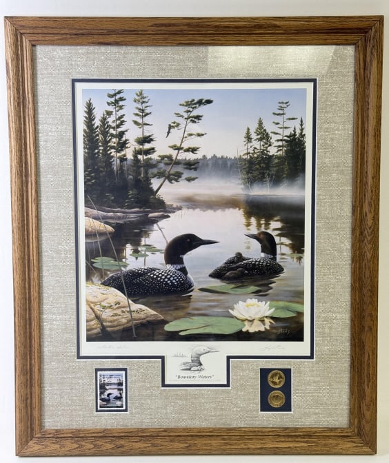 Leo Sans Boundary Waters National Parks Series With stamp and coins. Loons 1990. Frame measures 20.5: With stamp and coins. Loons 1990. Frame measures 20.5 x 23 inches. Excellent condition.