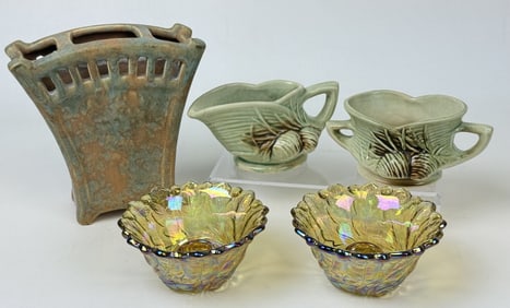Vintage Pottery Mixed Lot Majolica Carnival Glass 5 pieces. Some crazing. No cracks or chips. Vase