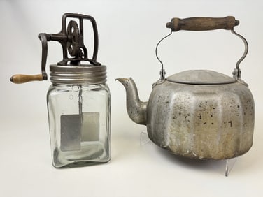 Antique Kitchen Items Tea Kettle Butter Churner Churner mechanism works. Tea kettle missing lid