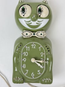 Vintage Green Bejeweled Kit Cat Wall Clock California Clock Company Model D8. Missing tail and some