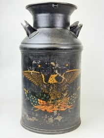 Vintage Milk Can Painted American Eagle 19 inches tall 10 inches wide. No holes. Some paint flaking.