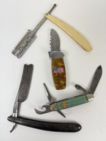 Vintage Knife and Straight Razor Mixed Lot 2 razors 1 Boy Scout knife and one lighter/knife