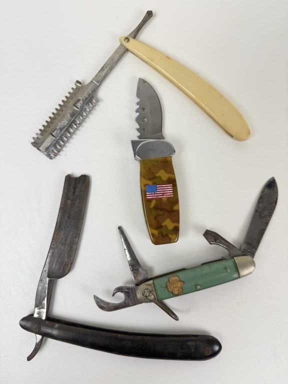 Vintage Knife and Straight Razor Mixed Lot 2 razors 1 Boy Scout knife and one lighter/knife (1 of 6)