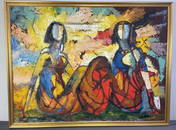 Oil Painting Abstract Style Bertalan Bodnar Two women sitting  on the ground in multicolors.