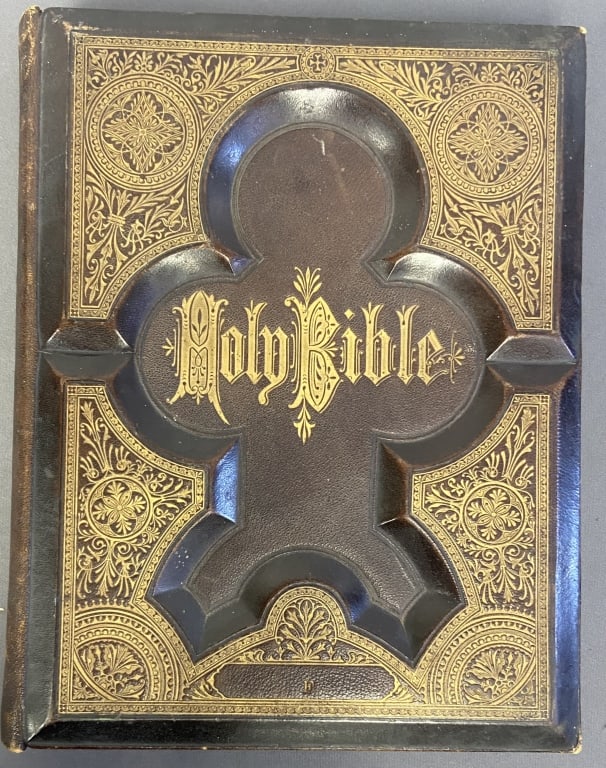 Antique Sample Salesman's Bible Sample Bible for the American Family Bible Publishing Company, 1877.: Sample Bible for the American Family Bible Publishing Company, 1877. Leather bound with both color plates and black and white etchings.