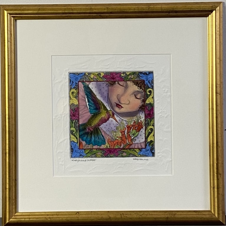 Hand Painted Etching Signed Hummingbird Hand painted etching entitled Honeysuckle Supper by Laura (1 of 6)