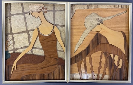 Marquetry Wood Inlay Pictures Signed Two framed inlay pictures of women in hats, each signed Wilgus.