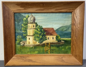Original Temple Oil Painting In Frame Signed Oil painting of a temple or church beside a lake.