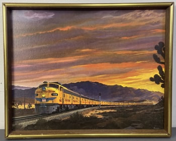 Sunrise on a Domeliner Train Print in frame of a train traveling through mountains