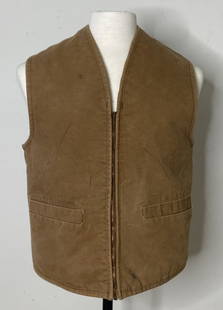 Carhartt Fleece Lined Vest Size Medium Light brown zip up vest by Carhartt with soft fleecy lining.: Light brown zip up vest by Carhartt with soft fleecy lining. Front zips, some light staining. Label reads Carhartt M Made in USA.