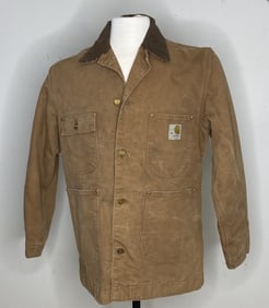 Vintage Carhartt Blanket Lined Chore Coat 38 Light brown button up coat with grey, blue, and purple
