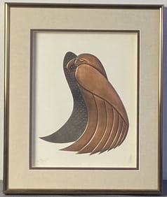 Embossed Copper Eagle Framed Signed Pressed embossed copper eagle, titled Eagle and signed LM.