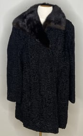 Black Curly Lamb Coat with Mink Fur Collar Mid length black sheepskin coat with black mink fur