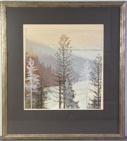 Crescent Bay Lithograph Virgil Thrasher Signed Artwork featuring pines in a variety of colors by