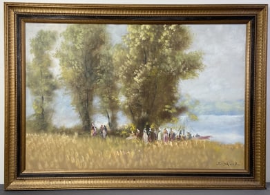 African American Landscape Oil Painting Signed Landscape painting with a group of African American
