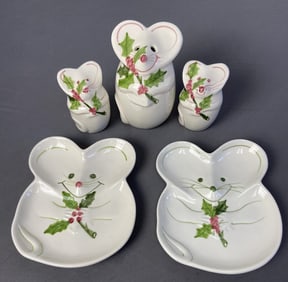 Laurie Gates Los Angeles Pottery Christmas Mice Five piece set of ceramic mice hand painted holding