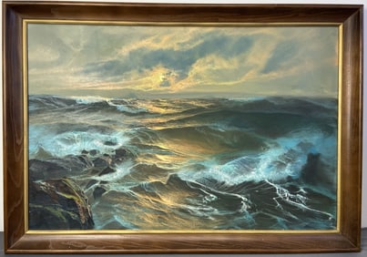 Mid Century Seascape Oil Painting Oil painting of the sea at sunrise painted in the 1960's,