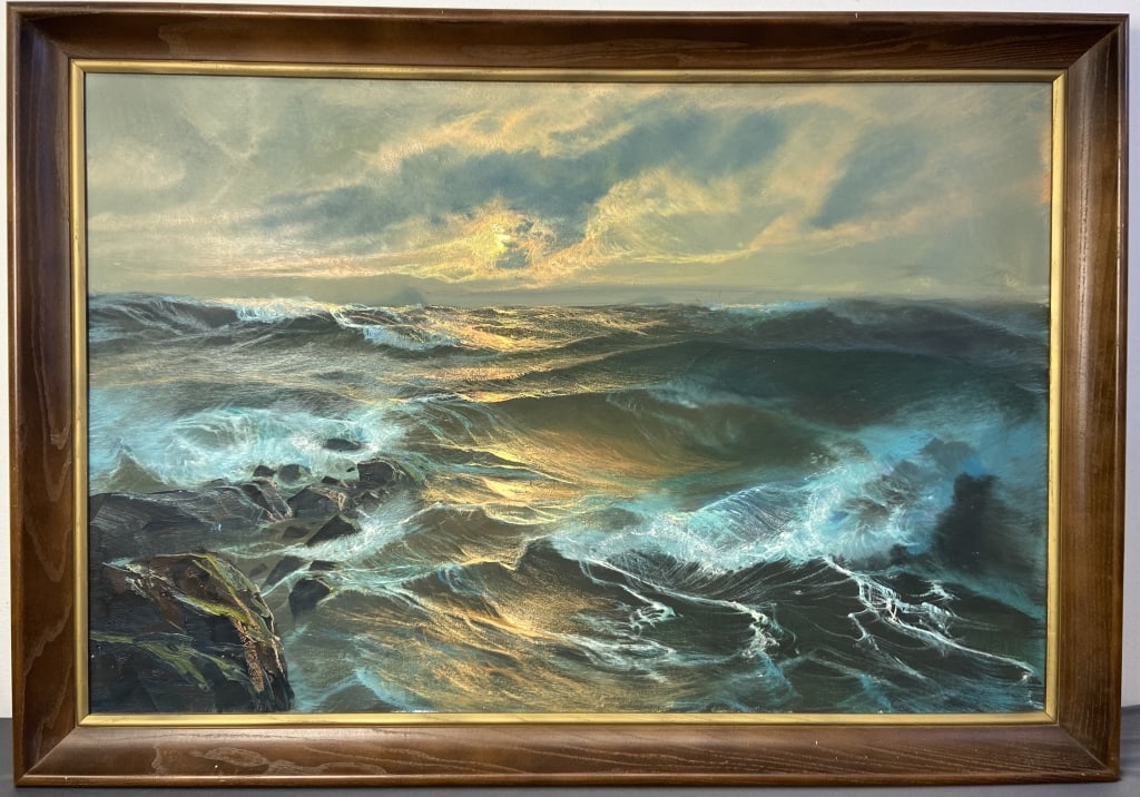 Mid Century Seascape Oil Painting Oil painting of the sea at sunrise painted in the 1960's, (1 of 9)