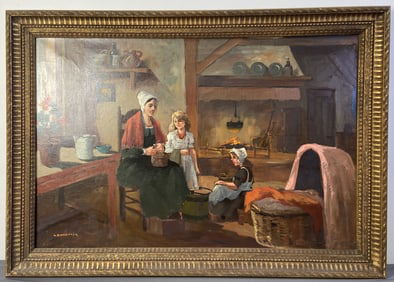 Original Oil Painting Signed G Binnendijk Painting of a kitchen scene with a mother and two
