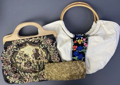 Vintage Purses Set of 3, Beaded, Embroidery Tapestry hobo style bag with wooden handle, no tag,