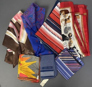 7 Vintage Silk & Polyester Scarves, Vera, Klein Blue scarf with white polka dots by Calvin Klein,
