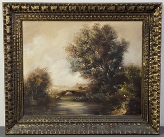 Landscape Oil Painting Signed Mid 20th century oil painting featuring trees and a bridge. Illegible