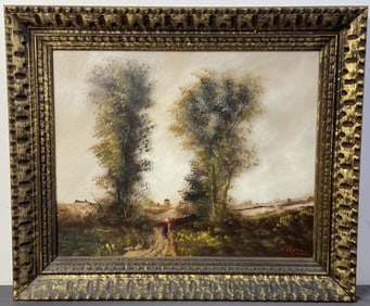 E. Aval Signed Oil Painting Framed Landscape oil painting featuring a woman walking between two tall