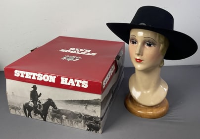 Vintage Stetson Cowboy Hat with Box Size 7 1/8 Stetson hat, black, in the Tanya Fe pattern.