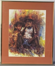 African American Lithograph Larry Johnson Framed lithograph of two African American children by