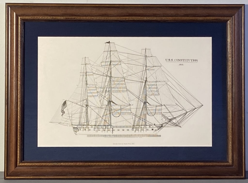 USS Constitution Charles Ware Sail Plan Print Framed print of the Charles Ware illustration of the: Framed print of the Charles Ware illustration of the USS Constitution, used as an illustration in the book Old Ironsides by Thomas P Horgan. Artwork with frame is 29 X 21 inches in size.